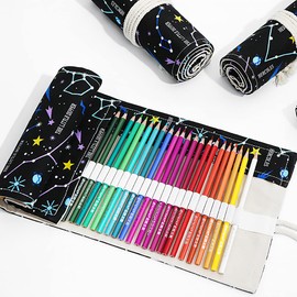 Funny live 36/48/72 Slots Colored Pencil Wrap Pencils Roll Holder Coloring Pencils Organizer Holder Colored Pen Paint Brush Storage Pouch Portable for Artist Student (Night sky, 48 Slots)