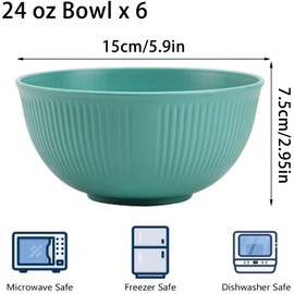 Unbreakable Wheat Straw Cereal Bowls Set of 6, 24 OZ Microwave and Dishwasher Safe Lightweight Soup and Salad Bowl Sets, Reusable Dessert Bowls for Rice, Pasta, Snack, Fruit, BPA Free (6 Colors)