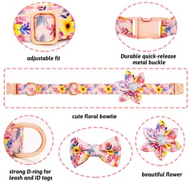 HSIGIO Dog Collar and Leash Set Girls Adjustable Puppy Collars with Floral Bow Tie for Small Medium Large Female Dogs, Pink Flower, M