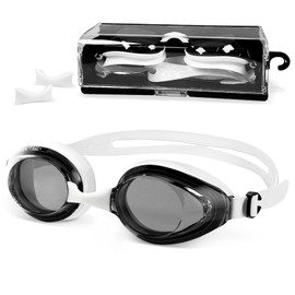 Airoads Shortsighted Swim Goggles Leakproof Anti-Fog UV Protection Swimming Goggles Designed for Nearsighted Adults Women Men and Youth with 3 Adjustable Nose Bridges (Black & White, -5)