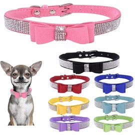 Rhinestone Bowtie Dog Collar Cute Glitter Leather Cat Collar Crystal Small Medium Large Puppy Kitten Red XS