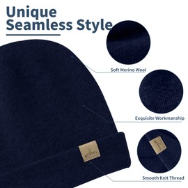 Hysnan Merino Wool Beanies Winter Hats for Women Men Knit Slouchy Double Layer Warm Cuffed Skull Beanie Skiing Skating Navy Blue