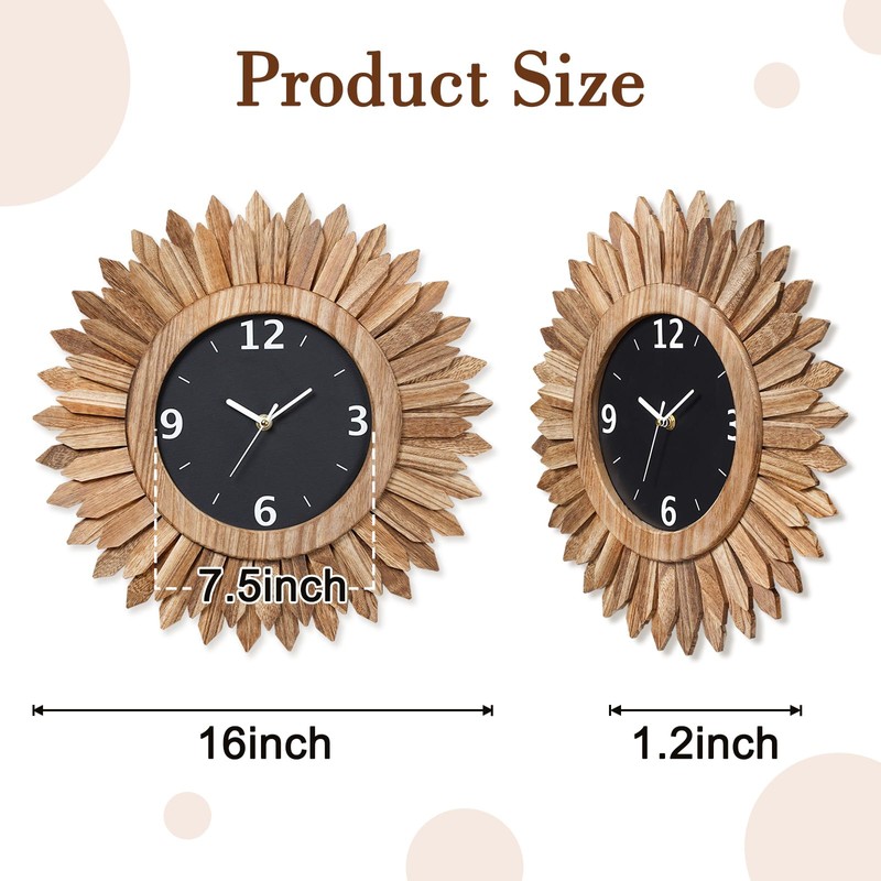 Honiway 16 Inch Wall Clocks, Rustic Wood Boho Sunburst Decorative