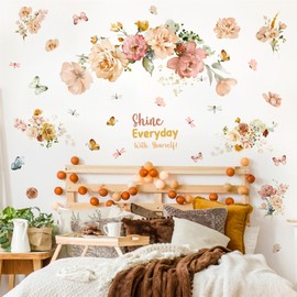 Large Peony Flower Wall Stickers Watercolor Floral Wall Decals Peel and Stick Inspirational Sticker for Girls Bedroom Vintage Flowers Butterflies Wall Art Mural for Kids Room Living Room Nursery Decor