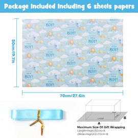 It's a Boy Wrapping Paper for Newborn baby boy Kids, Light Blue Gift Wrap Paper,6 Sheets Folded Flat 20x28 inches per Sheet with Ribbon for Baby Shower Birthday Celebration Gift Wrap