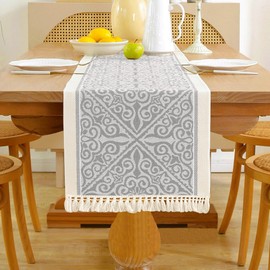 HomeyHo Floral Coffee Table Runner for Living Room Kitchen Farmhouse Bordered Dining Table Runner with Fringe Rectangle Heat Resistant Elegant Grey 14"x71"