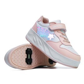 YUNICUS Kids Roller Skating Shoes Four Wheel Shoes USB Rechargeable LED Light Shoes Roller Skating for Boys and Girls (S900Pink,32)