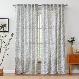 Vangao Farmhouse Linen Curtains 84 Inches Long Blue Floral Curtains for Living Room Bedroom Vintage Print on Beige Light Filtering Window Drapes Back Tab Rod Pocket 2 Panels