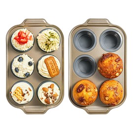 LCKitchen 2-Pack Silicone Foldable Baking Pans With Metal Reinforced Frame Nonstick 6 Cups for Baking Muffins, Egg Bites, Brownies, Puddings, Dishwasher Safe BPA Free