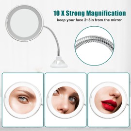 VOCOSTE 10X Magnifying Mirror with Lights, Flexible Gooseneck Tube Makeup Mirror with Suction Cup for Bathroom, Portable Travel and Home Vanity Mirror, White