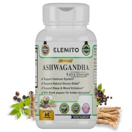 ELEMITO Organic Ashwagandha Root Extract, Non-GMO, Vegan, Gluten-Free, 60 Capsules