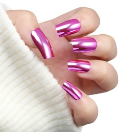 Purple Press on Nails Medium Square Fake Nail With Chrome Designs Purple Mirror Metal False Nails Acrylic Glue on Nail Glossy Full Cover Artificial Stick on Nail for Women 24 Pcs