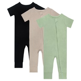 baby pjs, 3pack Short Sleeve Pajamas Summer 2 Way Zipper Footless Rompers black+Pure Green+Light Brown 18-24M