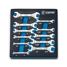 Capri Tools Slim Mini Open End Wrench Set with Mechanic's Tray, Metric and SAE, 3.2-13 mm and 3/16-9/16 in, 11-Piece
