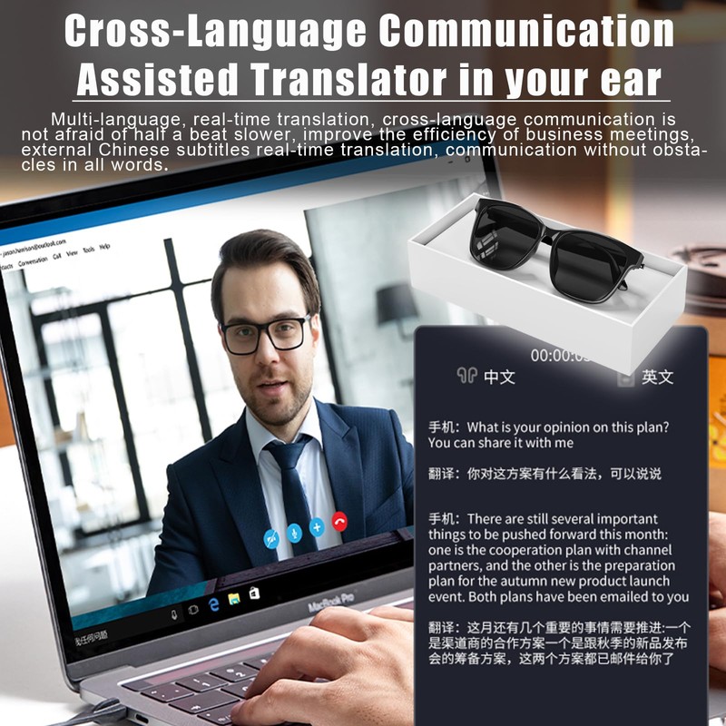 AI Translator Glasses with Smart Simultaneous Interpretation, Bluetooth 5.3 110+