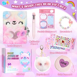 Diary for Girls Age 8-12, Girls Journal with Lock and Key, Kids Journal for Little Girls Birthday Gift, Cute Notebook with Multicolors Pen and Purse, Locking Diary Fuzzy Notebook for Writing (Pink)