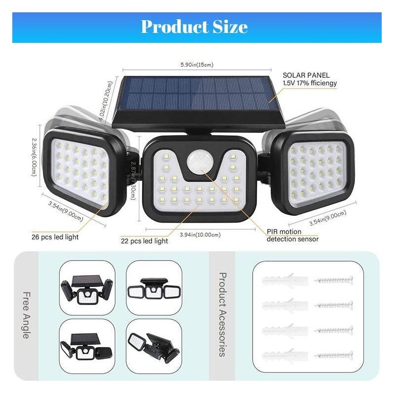 Solar Outdoor Lights Security Lights ,3 Heads Motion Sensor Lights,