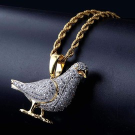 JAJAFOOK Hiphop 14k Gold Plated Iced Out CZ Pigeon Pendant Bling Necklace with 23.6" Rope Chain