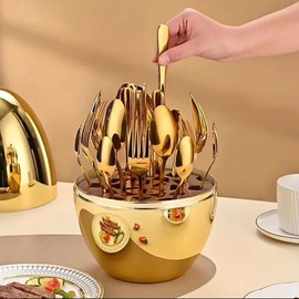 New Home Essential 2025 Creative Tableware Set - 24-Piece Stainless Steel Set with Egg-Shaped Storage Box - Colour: Silvery