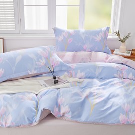 SAPHREAS Blue Pink Duvet Cover Set Full Size 3pcs 100% Cotton Orchid Floral Blossom Printed Bedding Comforter Cover Set 1 Quilt Cover 90"x80" 2 Pillow Shams