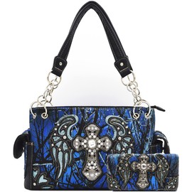 Camouflage Cross Wings Western Style Concealed Carry Purse Country Handbag Women Shoulder Bag Wallet Set (Blue Set)