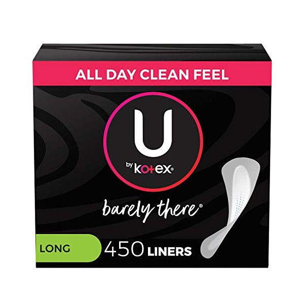 U by Kotex Barely There Thin Panty Liners, Light Absorbency, Long, Unscented, 450 Count (5 Packs of 90) (Packaging May Vary)