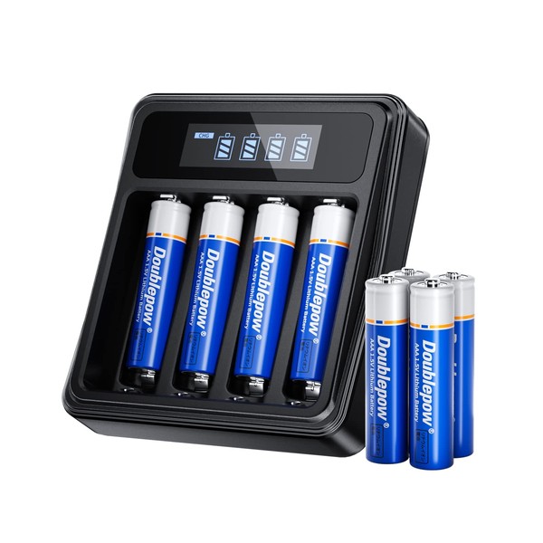 Doublepow Pilas AAA recargables con cargador de batería LCD, batería AAA de litio con cargador de batería individual de 4 ranuras, carga rápida, paquete de 8 pilas AAA de iones de litio de 1,5 V