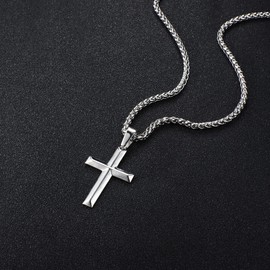 IRONBOX 925 Sterling Silver Cross Necklace for Men Women 3MM Stainless Steel Strong Durable Wheat Chain Beveled Edge Crucifix Pendant Necklace Jewelry 30 Inches