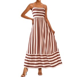PRETTYGARDEN Summer Dresses for Women 2025 Beach Maxi Dress Spaghetti Strap Floral Boho A Line Wedding Guest Flowy Long Dress(Striped White Red Brown,Small)