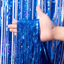 Voircoloria 2 Pack Laser Blue Foil Fringe Backdrop Curtains, Tinsel Streamers Birthday Party Decorations, Fringe Backdrop for Graduation, Baby Shower, Gender Reveal, Disco Party