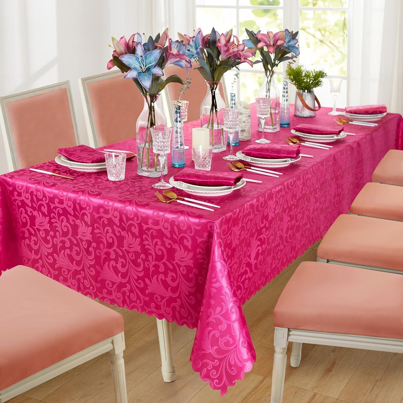 HommxJF Wave Scroll Damask Jacquard Rectangle Hot Pink Tablecloth 60"x84"，Wipeable