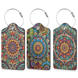 Abstract Mandala Flower Luggage Tags for Suitcase 3 Pack, Leather Bag Tags Identifiers with Privacy Name Address Labels and Durable Steel Loop for Men Women Backpack