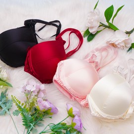 100% Women's Silk Satin Bra Sponge Bralette (4 Packs, Black-White-Red-Pink)