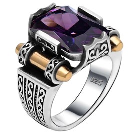 Genuine Solid 925 Sterling Silver Ring for Men, Accented with Bronze, Faceted Simulated Red Ruby Stone, Vintage Turkish Ottoman Style, Gemstone, simulated mystic topaz