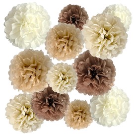 ZOOYOO Brown Paper Pom Poms, Caramel Party Decorations Boho Ivory Beige White Tissue Paper Pom Poms for Rustic Neutral Birthday Western Graduation Birthday Wedding Baby Shower 12PCS, Variety Pack