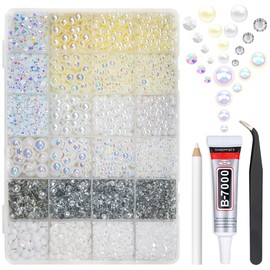 qiipii White 3-10mm Flatback Pearls and Rhinestones w B7000 Jewelry Glue for Bedazzling Crafting Half Pearls Resin Stones Diamonds for Face Eyes Makeup Tumblers Bottles Crafts Grad Cap Shoes Scrapbook