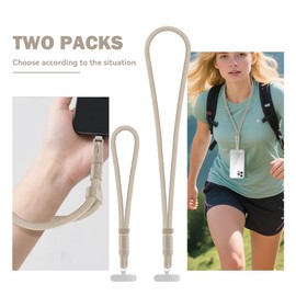 LH90H Universal Phone Lanyard – Adjustable Neck Strap + Wrist Strap with 2 Adhesive Pads – Hands-Free Drop-for Most Phones (Beige)
