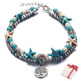 Ouceanwin Boho Turquoise Anklet Women's Adjustable Layered Anklet Elephant Pendant Multilayer Ankle Jewellery Charm Sandy Beach Foot Jewellery Boho for Women Girls, Rubber