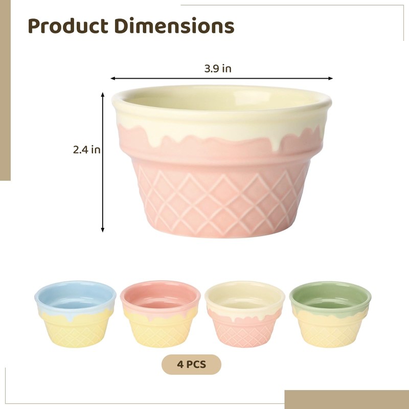 Toyosport 4 Pcs Ice Cream Design Bowls, Waffle Textured Ceramic