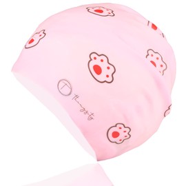 THINGSITY Kids Swim Cap - Comfortable and Durable Waterproof Hat for Long and Short Hair, Beats Chlorine, Non-Slip Lining and Waterproof Design and Protection (Pink Paws)