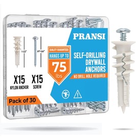 PRANSI Drywall Anchors and Screws Kit – 30pcs #8 x 1-1/4” Self Drilling Anchors – No Pre-Drill Required – Heavy Duty Wall Anchors for Drywall – Holds Up to 75lbs