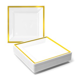 MATANA 20 Premium Square White Plastic Dessert Plates with Gold Rim, 16.5cm / 6.5 Inch - Reusable Small Side Plates, Starter Plates for Weddings, Birthdays, Picnic, BBQ, Parties