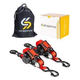 Strapinno Retractable Ratchet Straps - 1 in x 12 ft Heavy Duty Tie Downs, 1800lbs Breaking Strength Each, S Hooks with Safety Clip, AutoRetract, for Moving, Motorcycle, Boat, Kayak, and Cargo (2)