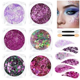 AOOWU Body and Face Glitter Makeup Gel, 6 Colors Cosmetic Reflective Chunky Glitter, Festival Hair Glitters, Body Gel Sequins Shimmer Liquid Eyeshadow, Mermaid Sequins Holographic Glitters Gels
