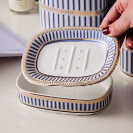 Self Draining Soap Dish, Double-layer Bar Soap Tray, White Ceramic Soap Dish with Elegant Patterns (Style A)