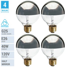 KOR (4 Pack) G25 Incandescent Light Bulb, Silver Half Chrome Crown with Mirror Reflect Glare-Less Finish, Decorative Globe 120 Volts, Lamp Shape, Medium Base, E26 Base, Dimmable. (40 WATT)