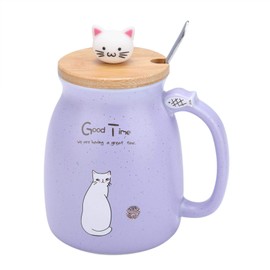 Strnek Taza de cerámica, Taza de cerámica de Gato Encantador con Cuchara y Tapa Café Agua Leche Taza de té para Drinkware Regalo Domitorio Oficina Uso en el hogar(02)