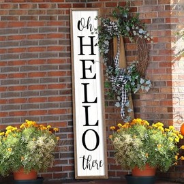 Oh Hello There Outdoor Welcome Sign For Front Porch Standing 45"X9" Large Rustic Farmhouse Vertical Tall Long Wooden Framed Outside Front Door Home Wall Decoration (Wood White)