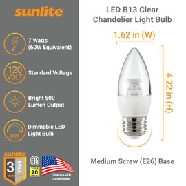 Sunlite LED B13 Torpedo Decorative Chandelier Light Bulb, 7 Watts (60W=), 500 Lumens, 120 Volts, Dimmable, E26 Base, 90 CRI, ETL Listed, Torpedo Clear, Title-20, 3000K Warm White, 6 Pack