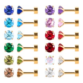 12 Pairs Flat Back Surgical Stainless Steel Stud Earrings, 18K Gold Plated Silver Screw Back Heart Star Round Cubic Zirconia CZ Birthstone Stud Earrings Set (Gold round 3mm)